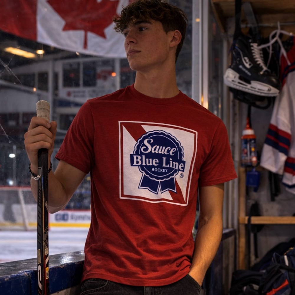 Sauce Blue Line Hockey PBR Style Graphic T-Shirt Red Medium Pabst Blue Ribbon